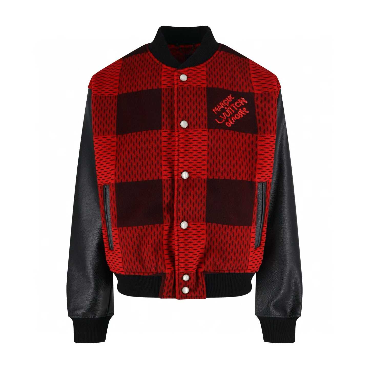 LV Damier Varsity Blouson with a red and black wool jacquard body and black leather sleeves.