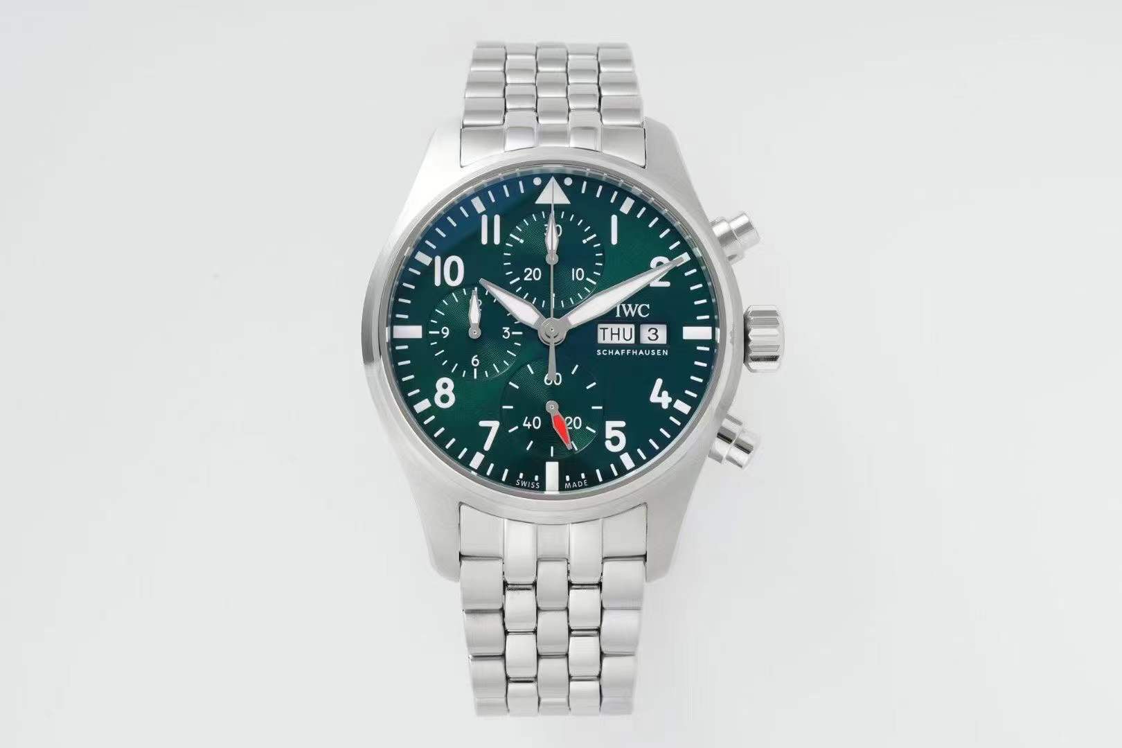 IWC Pilot's Watch Chronograph 41 with a green dial and stainless steel bracelet