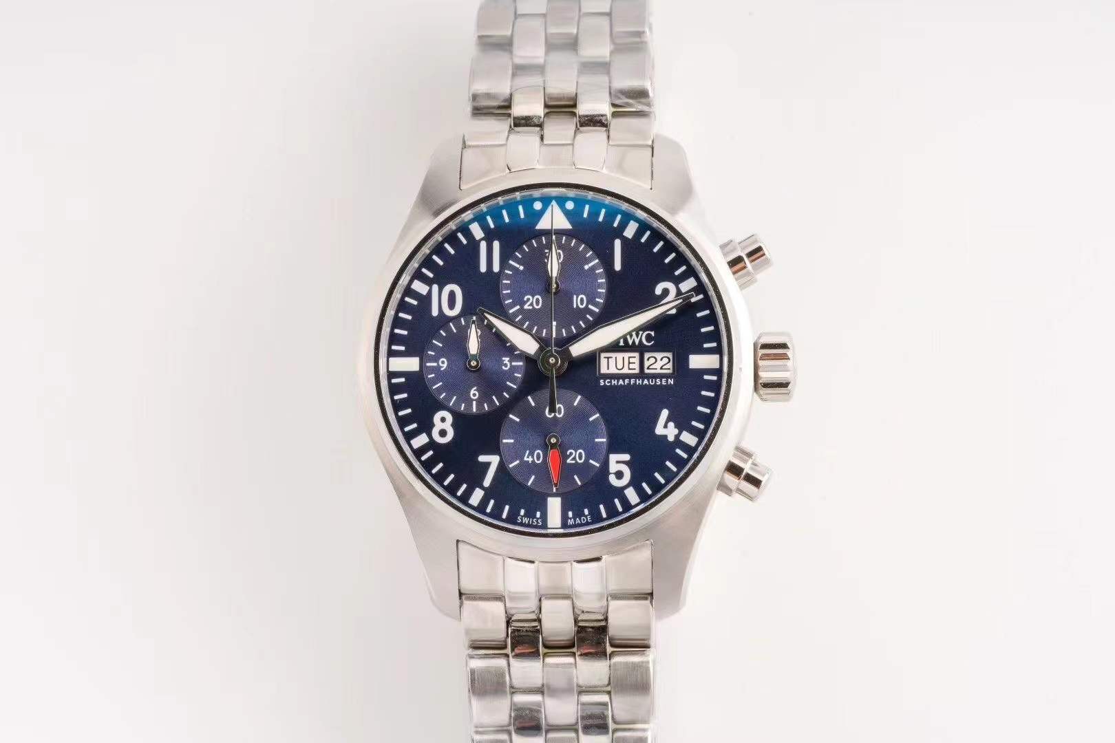 IWC Pilot's Watch Chronograph 41 mm with a blue dial and stainless steel case and bracelet