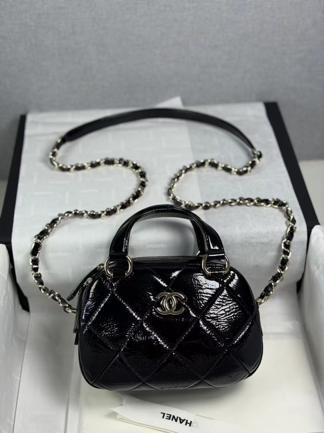 Chanel COCO NEIGE COLLECTION MINI BOWLING BAG Shiny Crumpled Calfskin & Gold-Tone Metal black