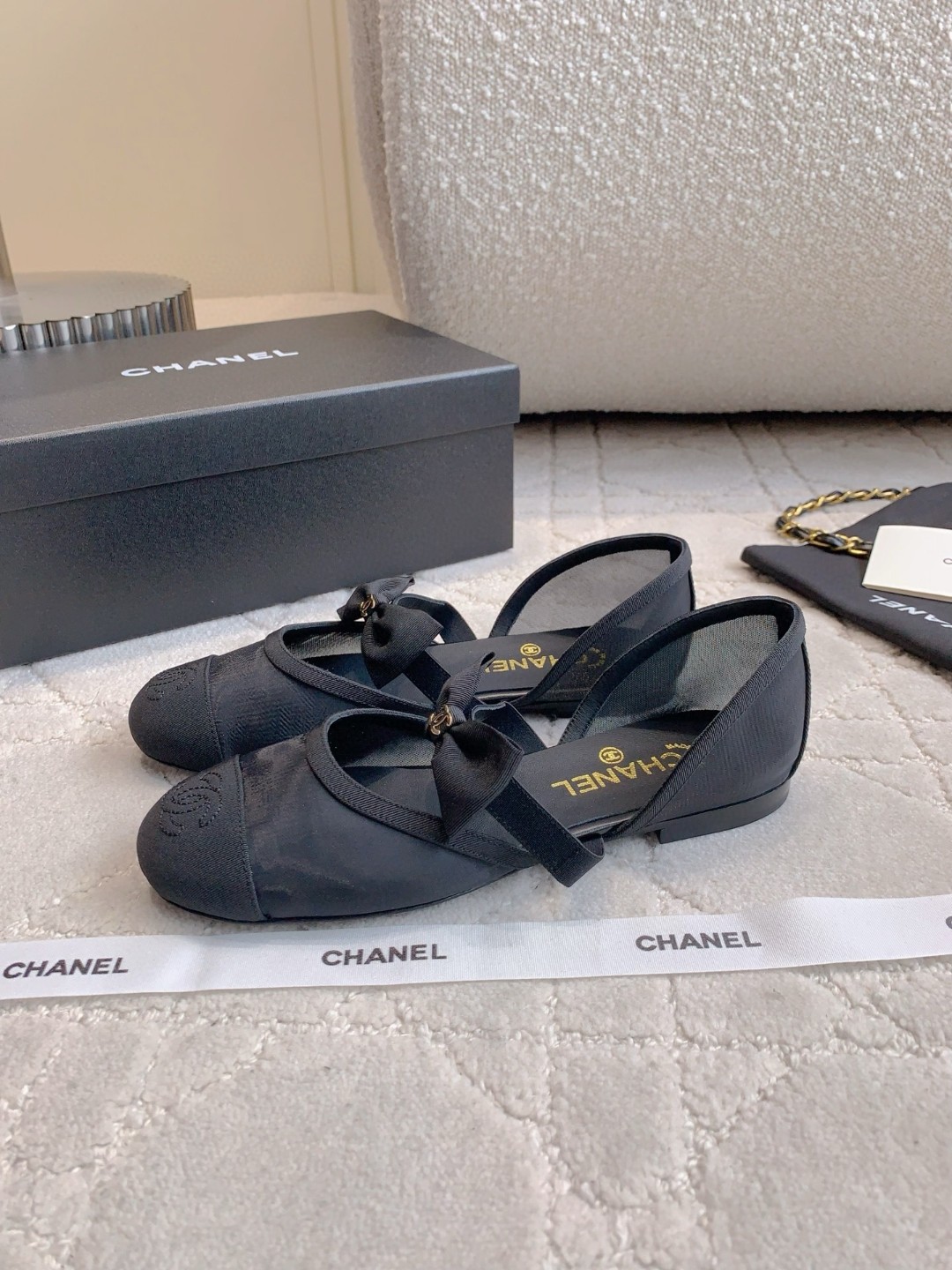 Chanel Mary Jane flat in black mesh and grosgrain shoes