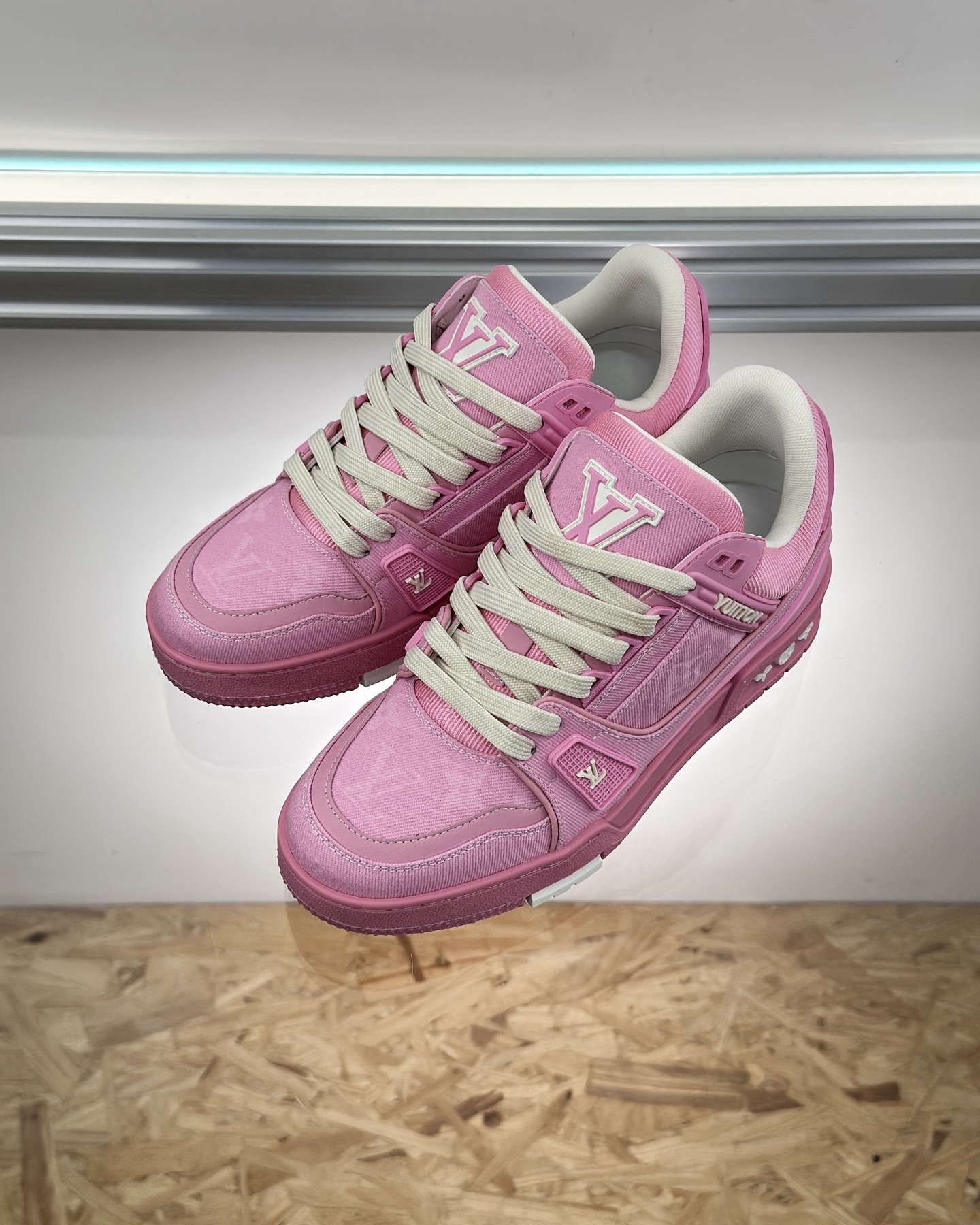 LV Trainer sneaker in pink monogram denim and grained calf leather