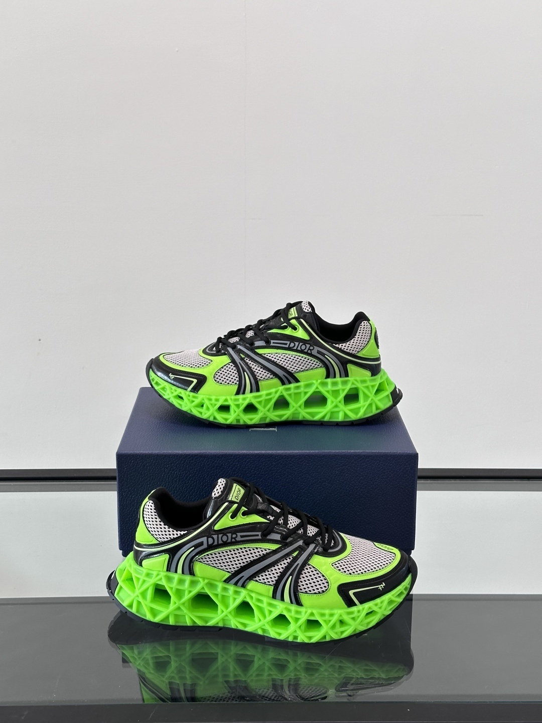 Dior B35 NXXT sneaker in neon green and black technical fabric and mesh