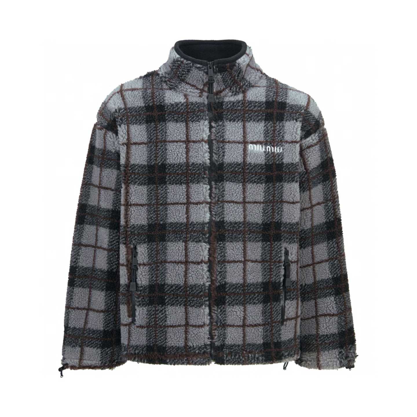 Miu Miu checked-pattern teddy-fleece jacket in grey and black wool blend with an embroidered logo on the chest