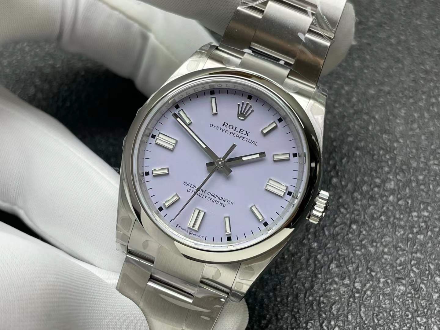 Rolex Oyster Perpetual 36 with a lavender dial and Oystersteel bracelet