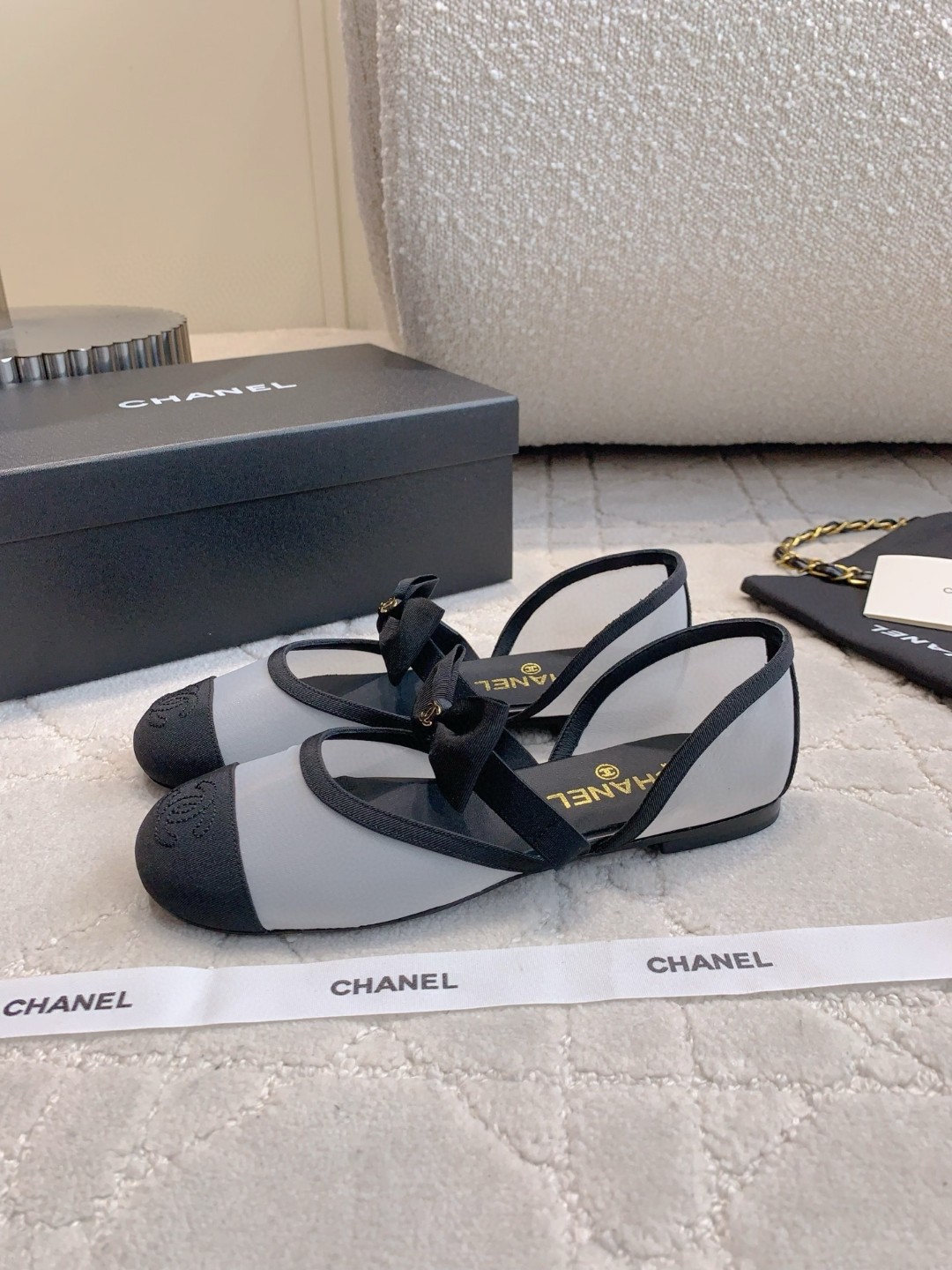 Chanel Mary Janes flats in black and white mesh and grosgrain