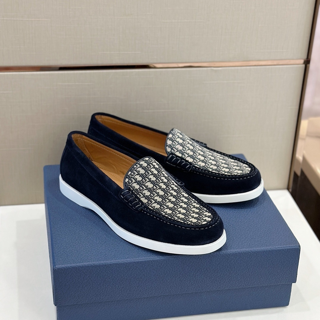 Dior Granville loafer in navy blue suede with beige and black Dior Oblique jacquard