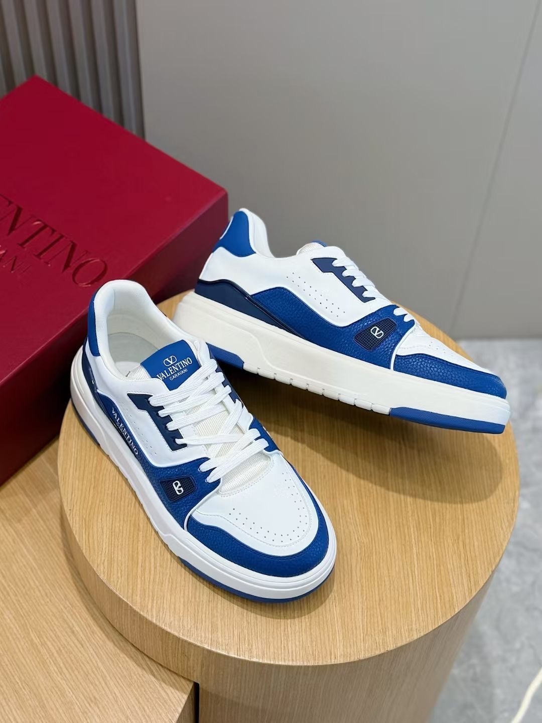 LV Trainer sneakers in white and blue calf leather and Monogram denim