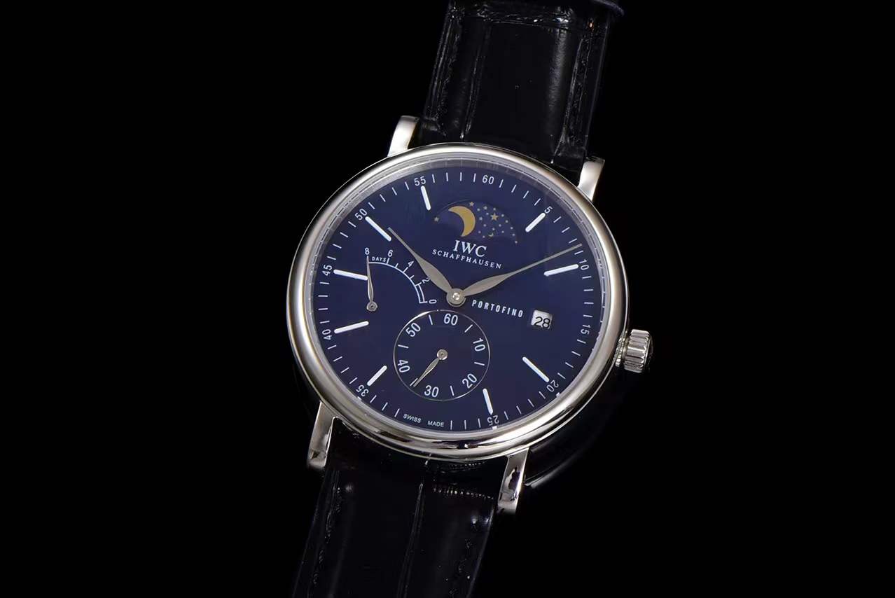 IWC Portofino Hand-Wound Moon Phase watch in stainless steel with a blue dial