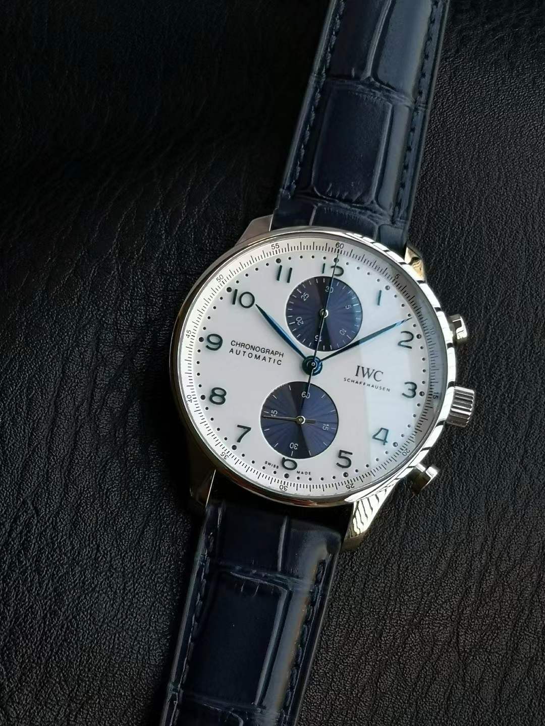 IWC Portugieser Chronograph in a stainless steel case with a silver-plated dial and blue hands