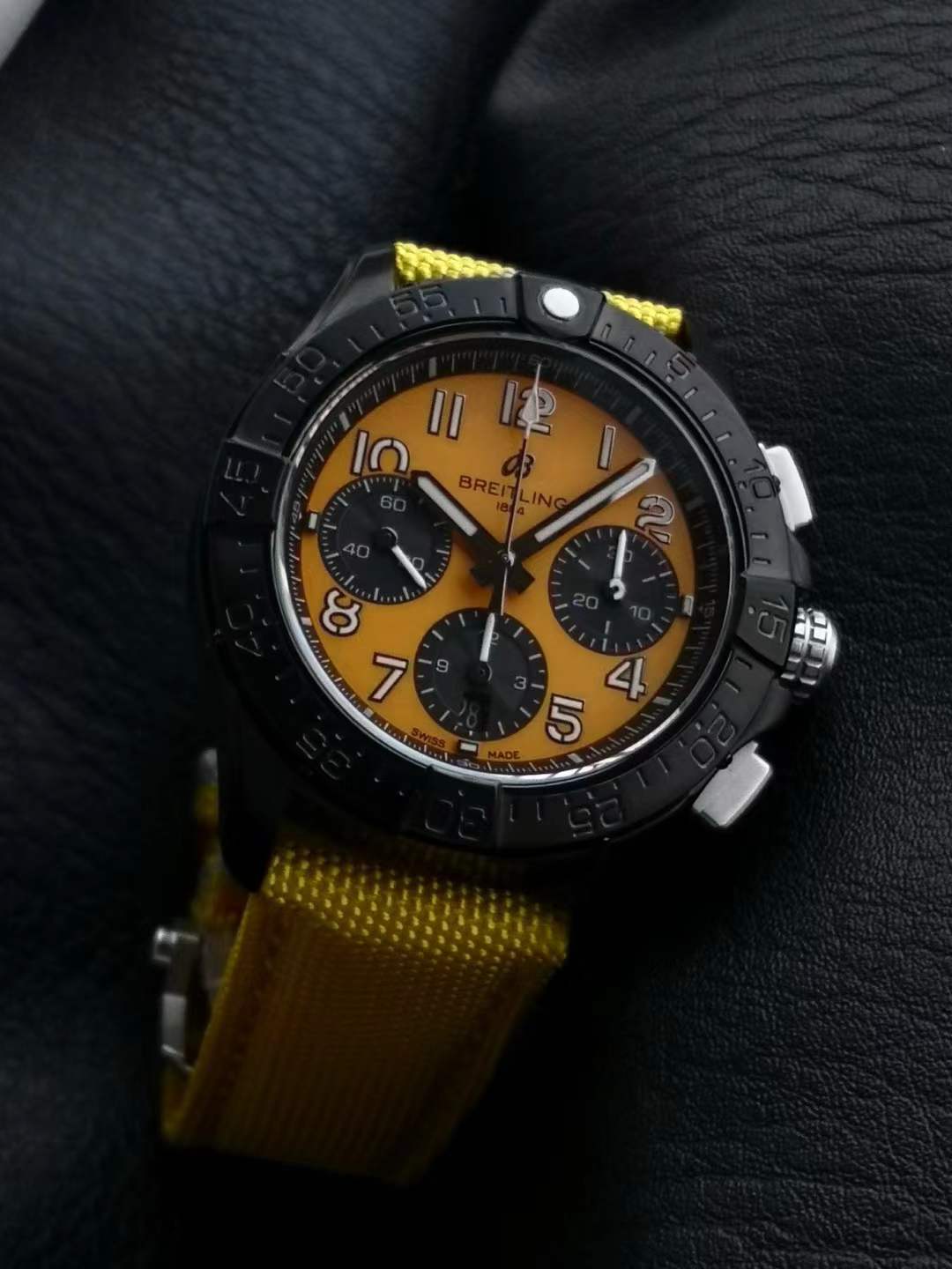 Breitling Avenger B01 Chronograph 44 Night Mission watch, reference SB0147101I1X1, in a ceramic case with a yellow dial