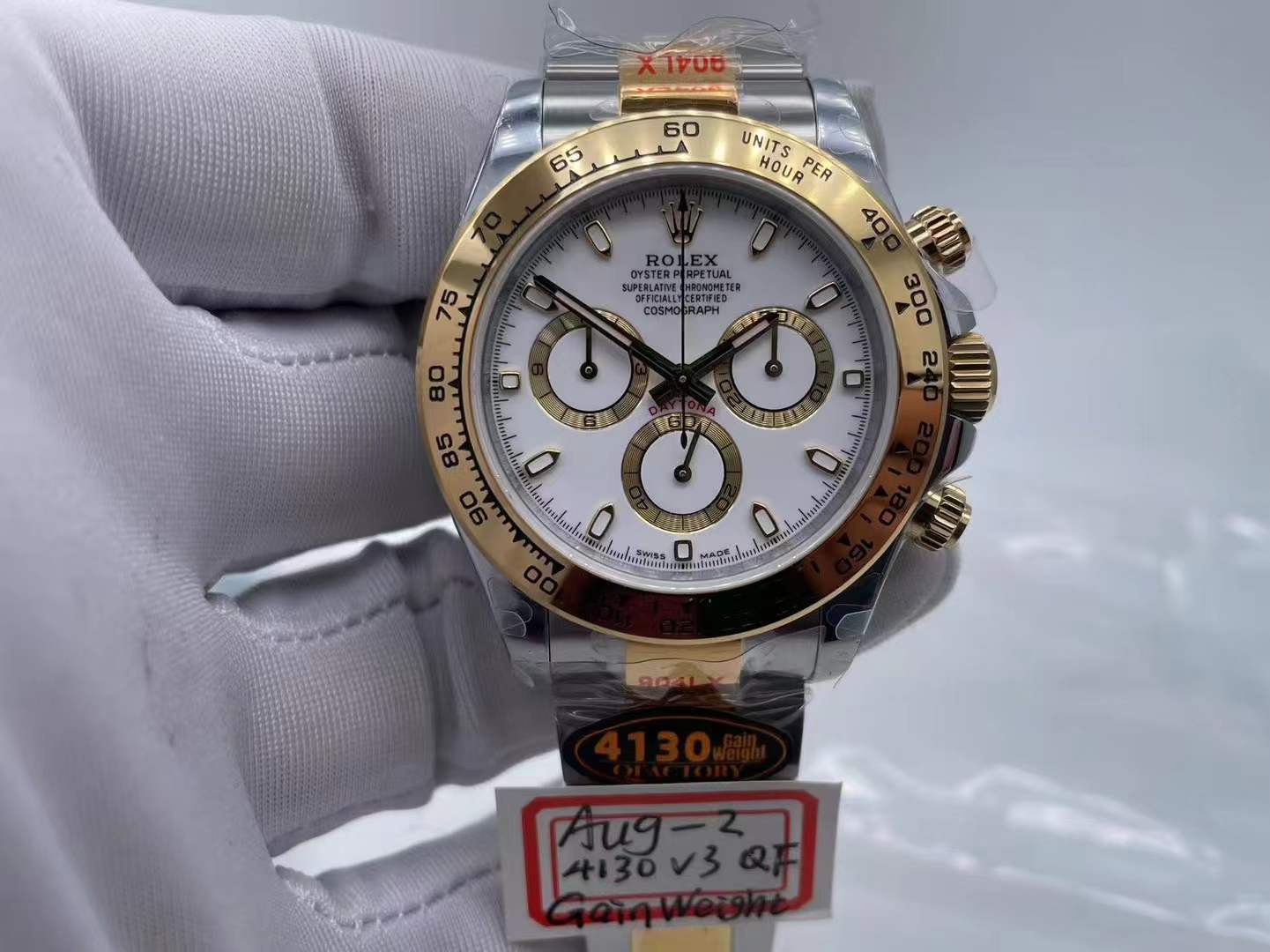 ROLDYT0438 - Daytona 116503 904L YG/SS Wht/Stk QF V3 SH4130 $888