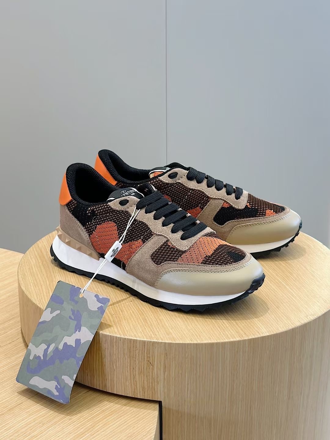Valentino Garavani Rockrunner sneakers beige with orange camouflage mesh and suede panels