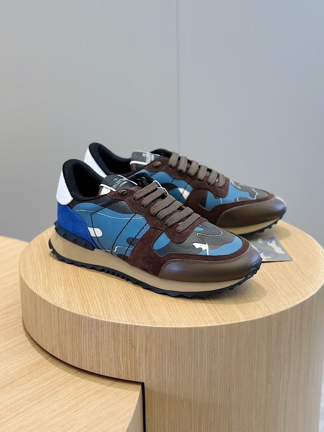 Valentino Garavani Rockrunner dark blue camouflage sneakers in leather and suede
