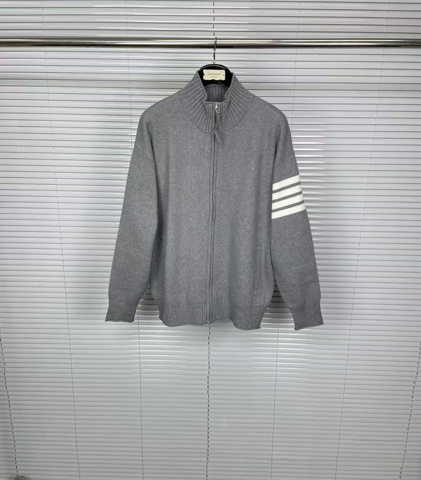 Thom Browne 4-Bar Stripe zip-up jumper in grey merino wool