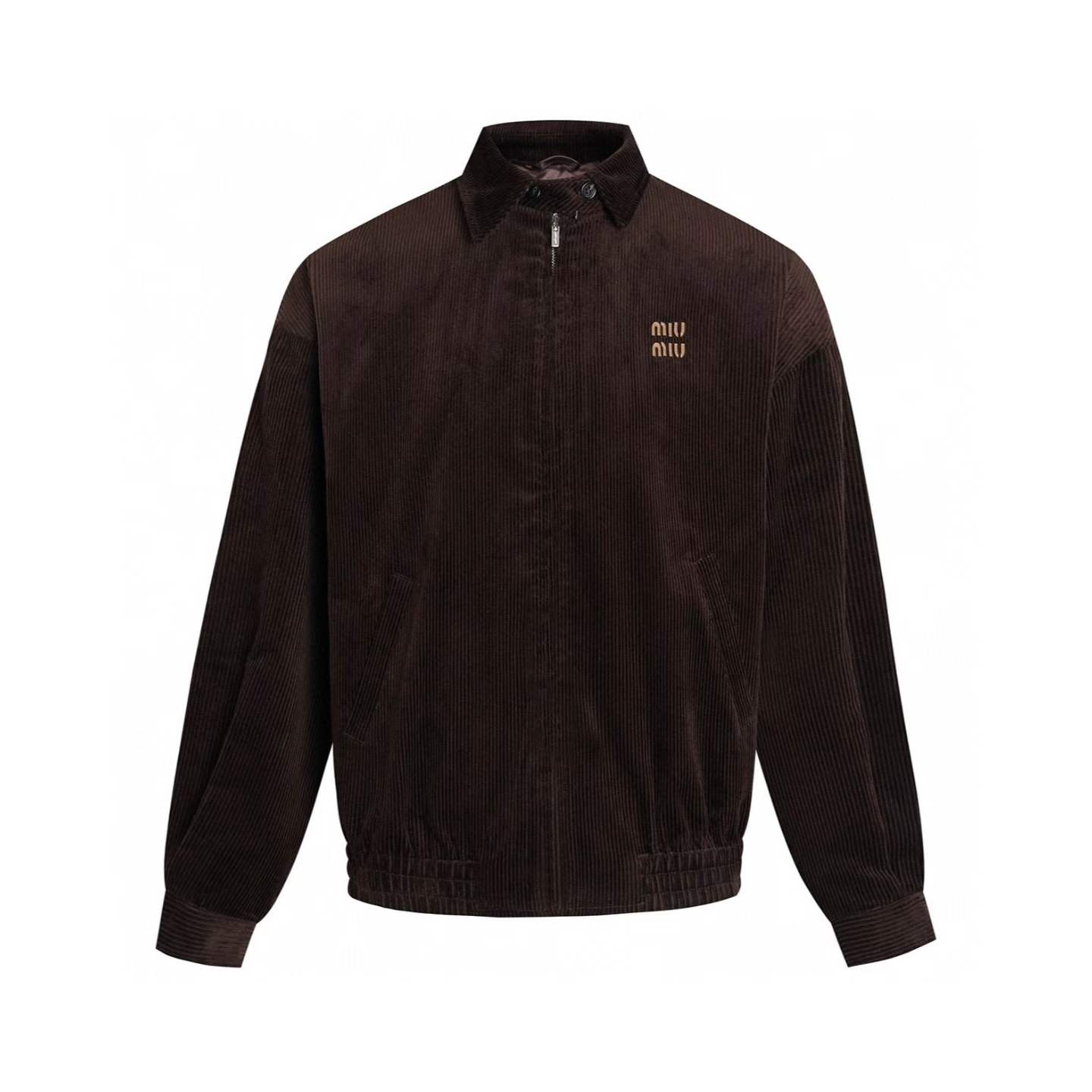 Miu Miu corduroy blouson jacket in cocoa brown with a contrasting leather logo