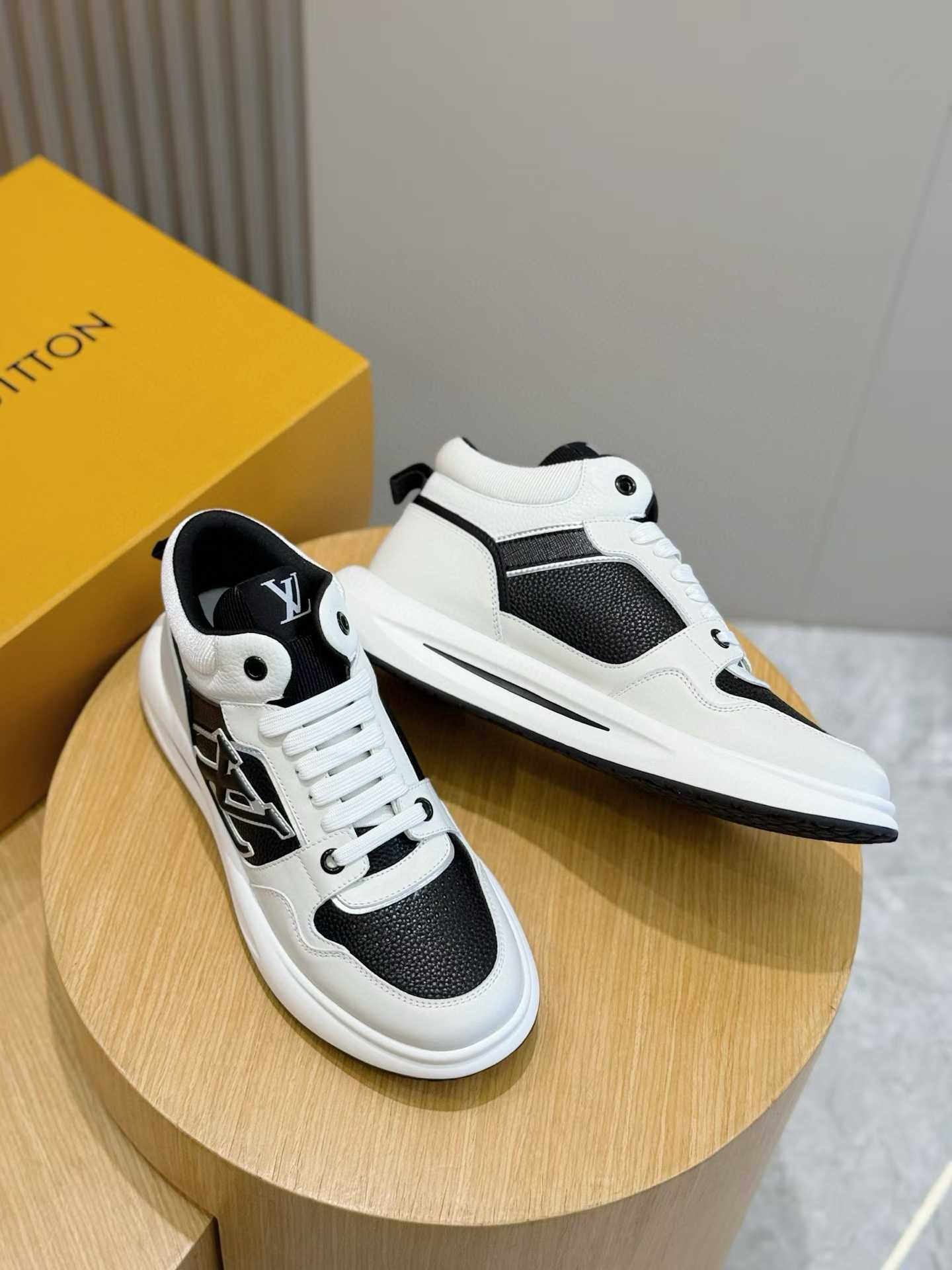 LV Trainer sneakers in a black and white colorway calf leather and Monogram denim