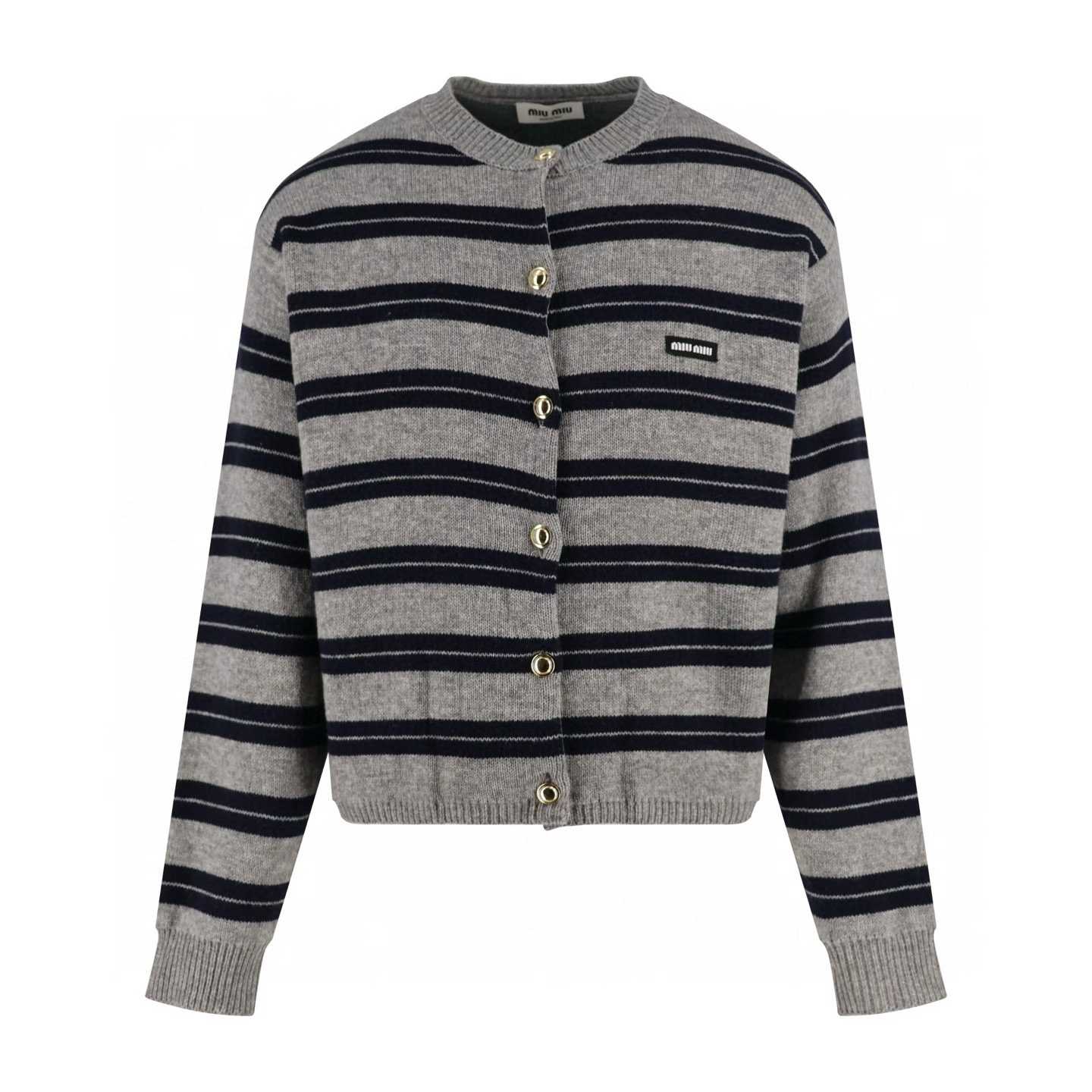 Miu Miu grey and navy striped cardigan made from double knit wool and cashmere