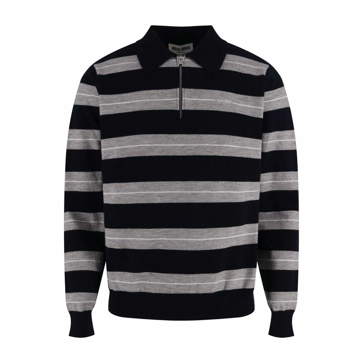 miu miu Brown navy and grey striped quarter-zip knit shirt
