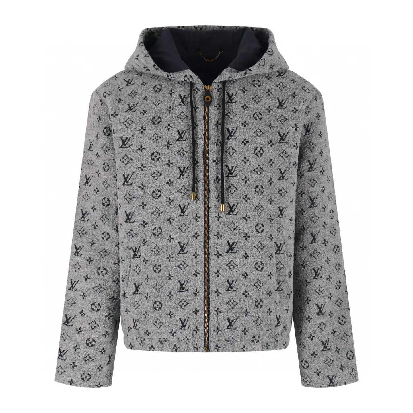 LV Monogram Bouclé Hoodie in a grey wool blend with a subtle bouclé finish