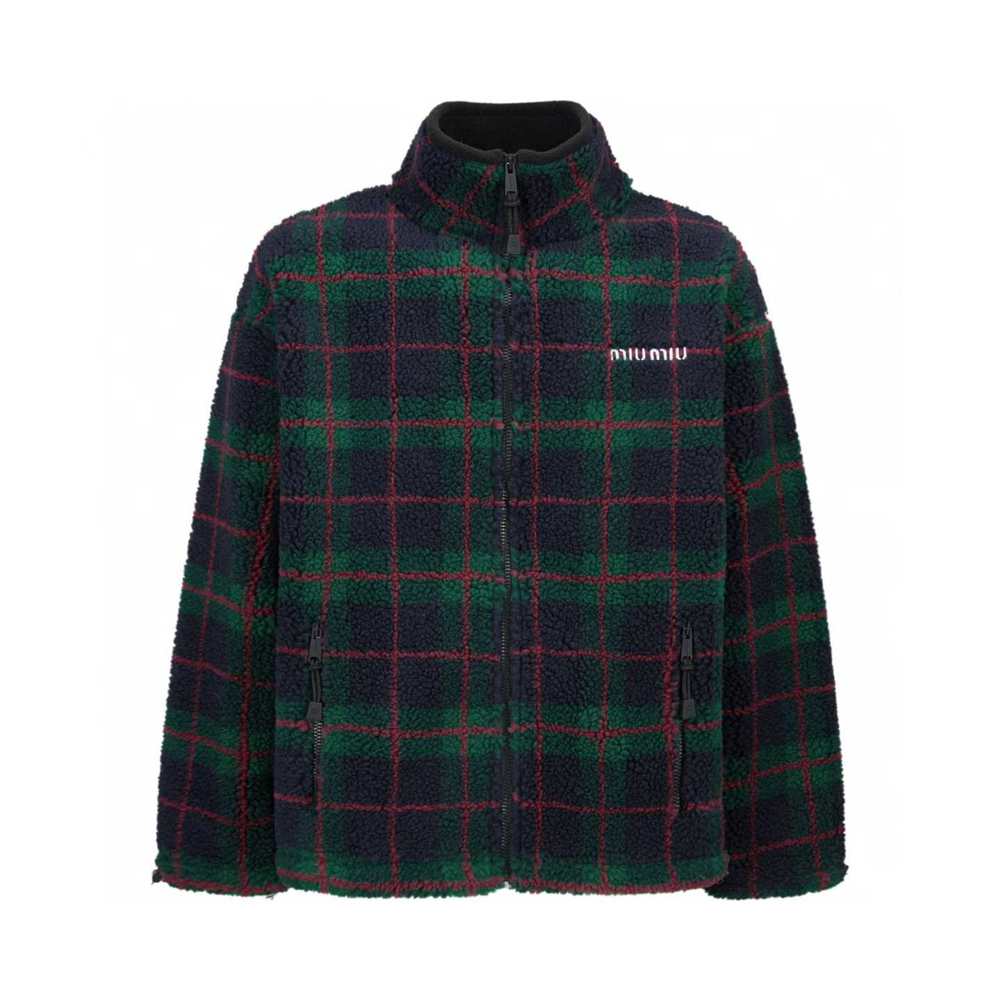 Miu Miu Checked Teddy Zipper Jacket in a blue and green check pattern