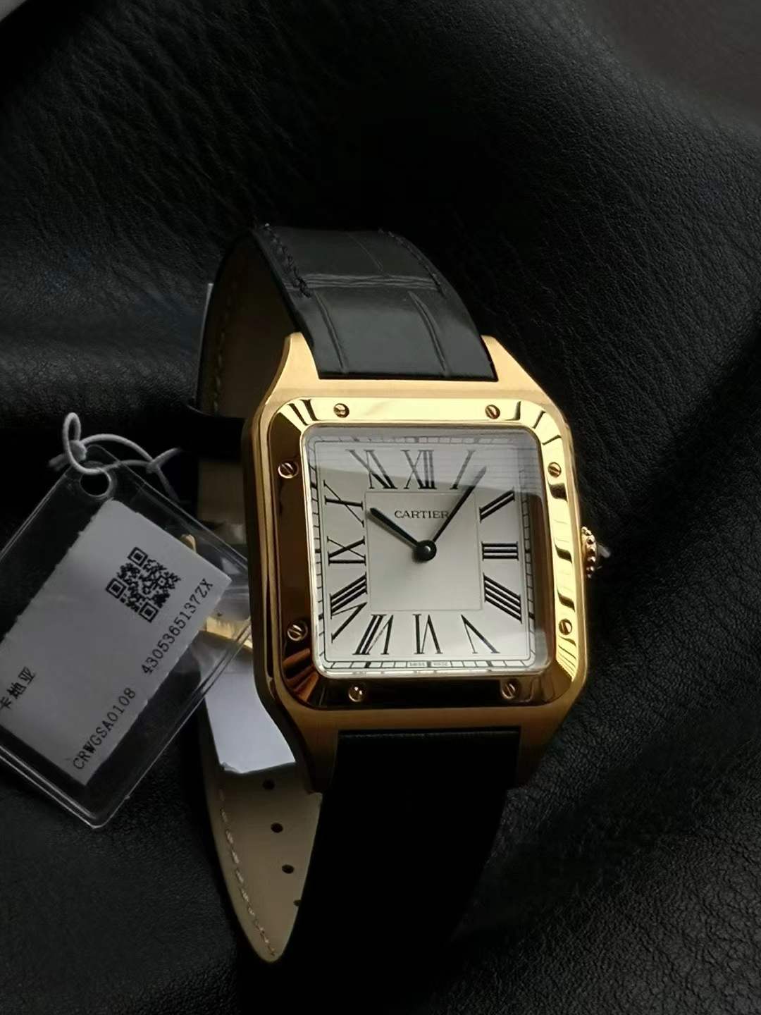 CAR0430B - Santos De Cartier 2018 Ladies YG/LE Wht Swiss Qtz $158.00