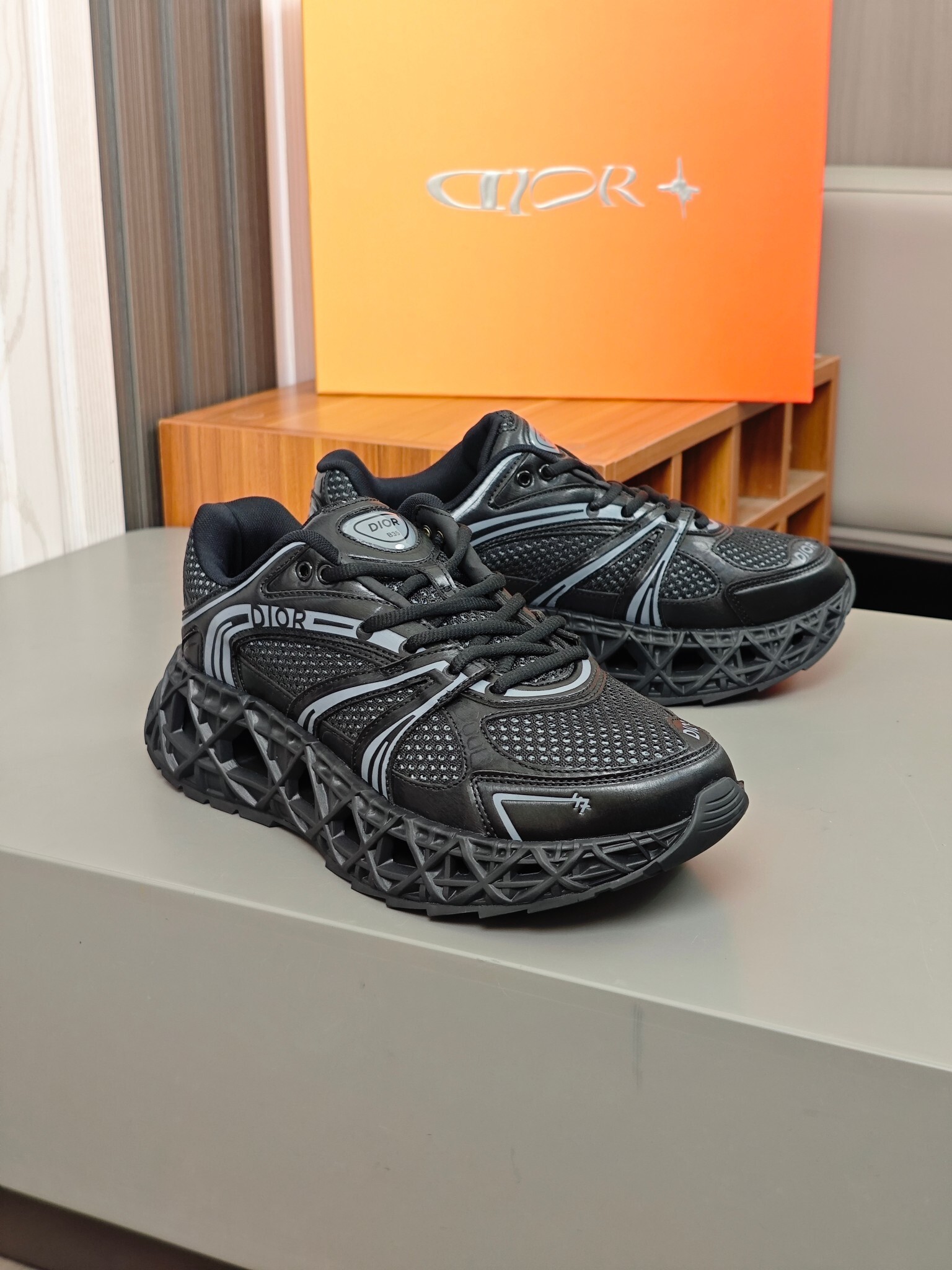 Dior B35 NXXT sneaker in black technical fabric and black technical mesh