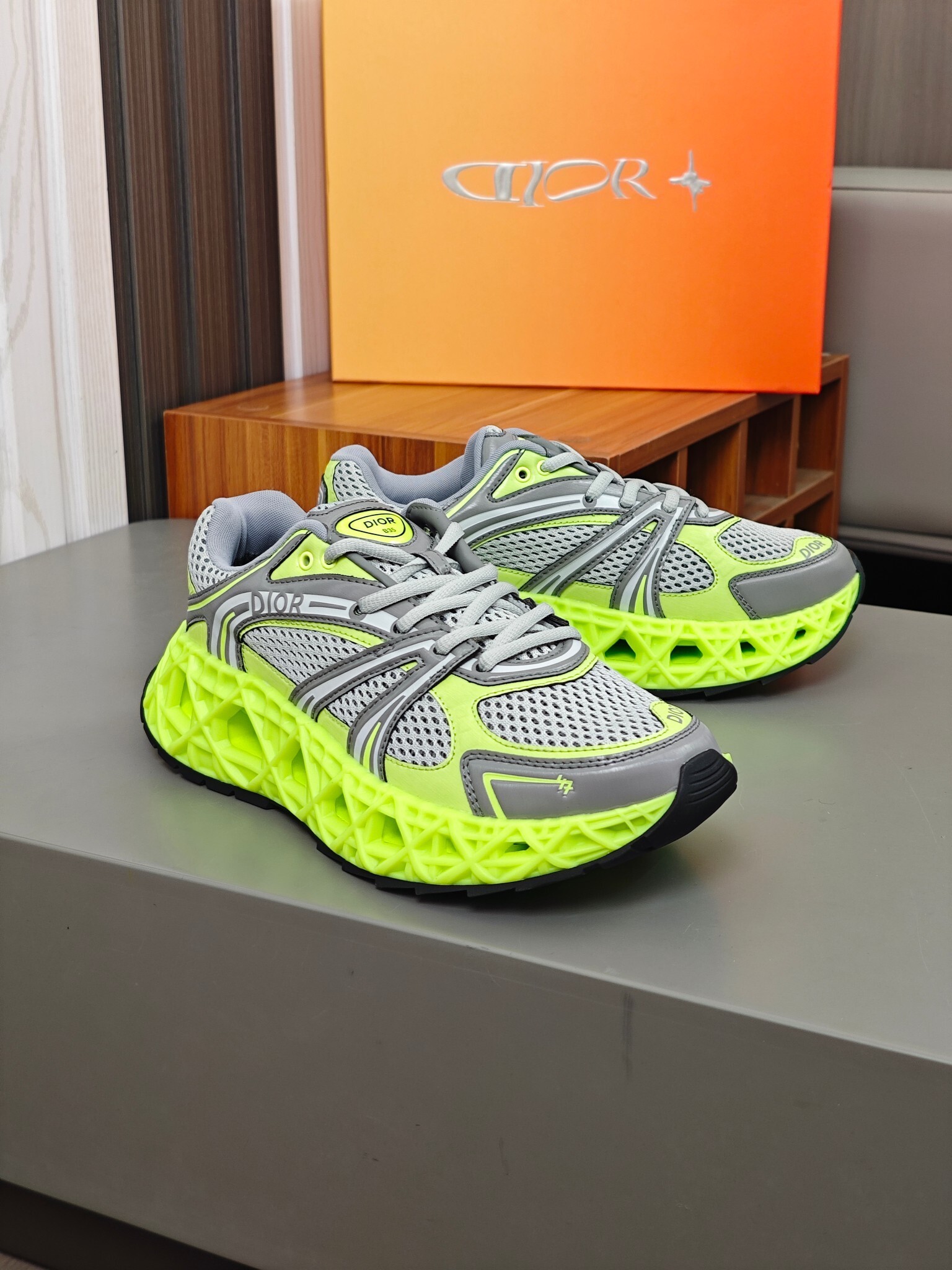 Dior B35 NXXT sneakers in gray and neon yellow technical fabric and mesh