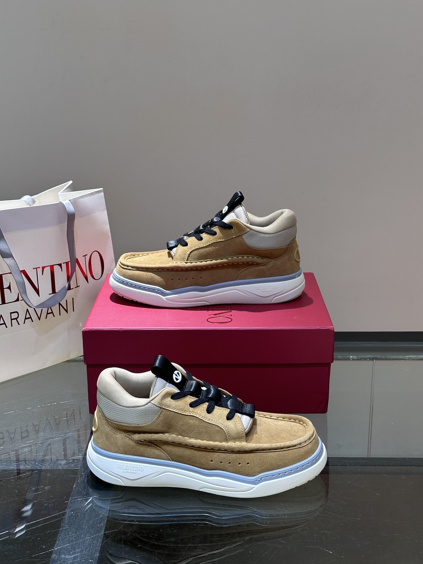 Valentino Garavani Runboot split leather mid-top sneaker in beige