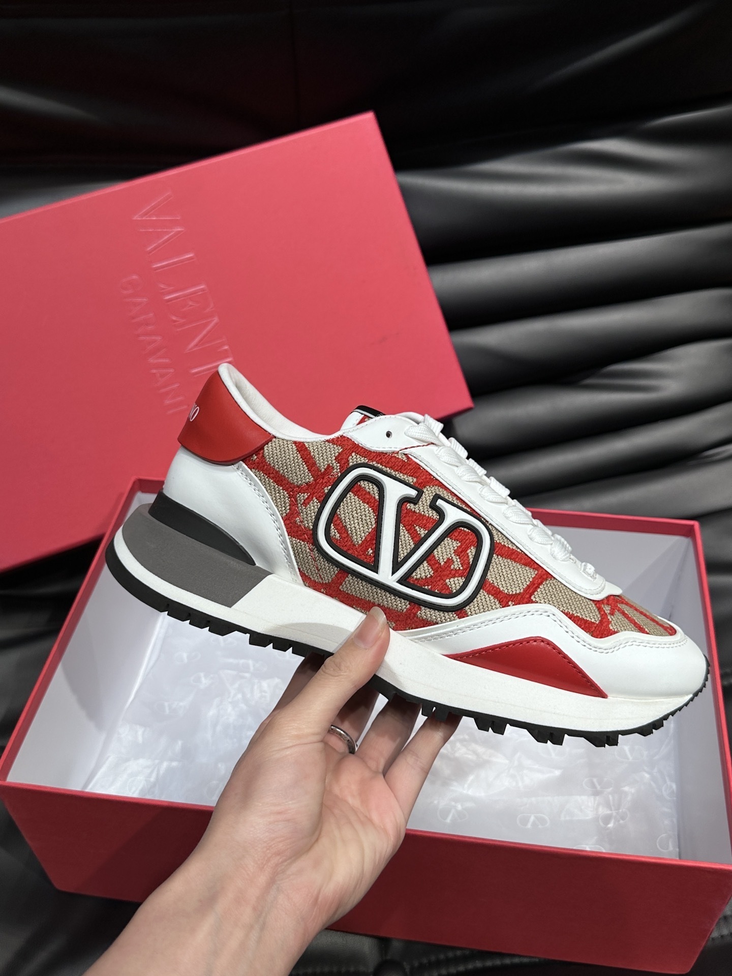 Valentino Garavani VLogo Pace low-top sneaker in a multicolor white, red, and beige colorway