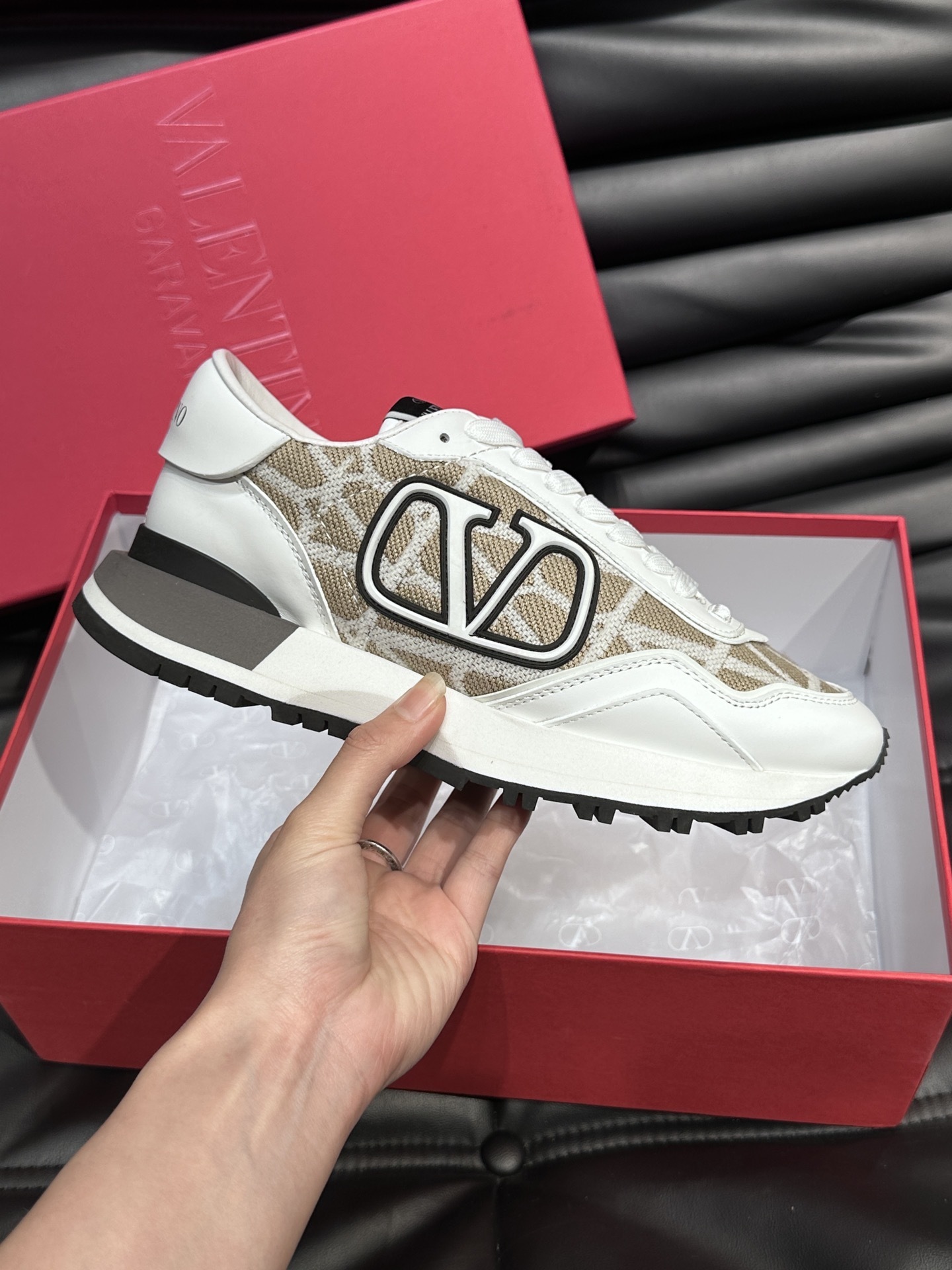 Valentino Garavani VLogo Pace low-top sneakers in leather and fabric with a beige and white colorway
