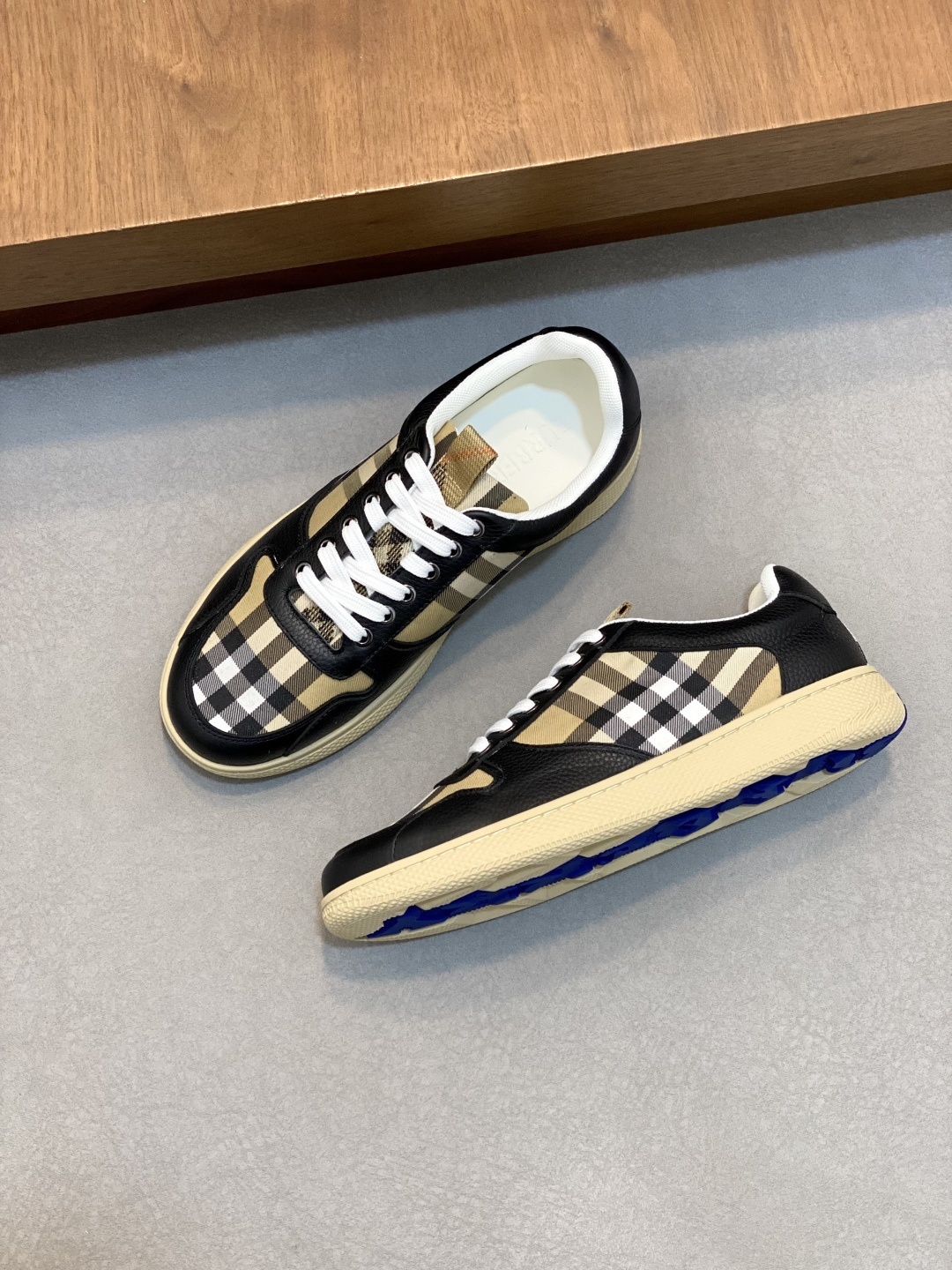 Burberry men's leather and check terrace sneakers in black and archive beige