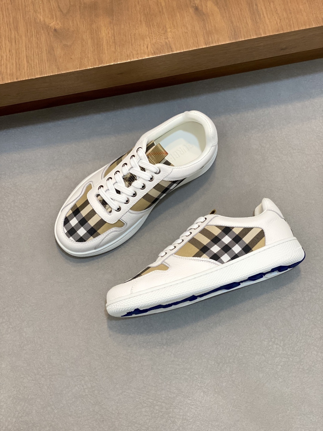 Burberry Leather and Check Terrace sneakers in white and sand