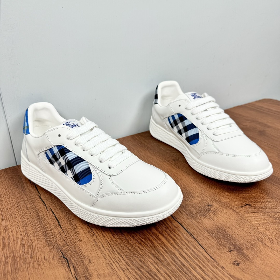 Burberry Leather and Check Terrace Sneakers in white with a hyacinth blue cuff