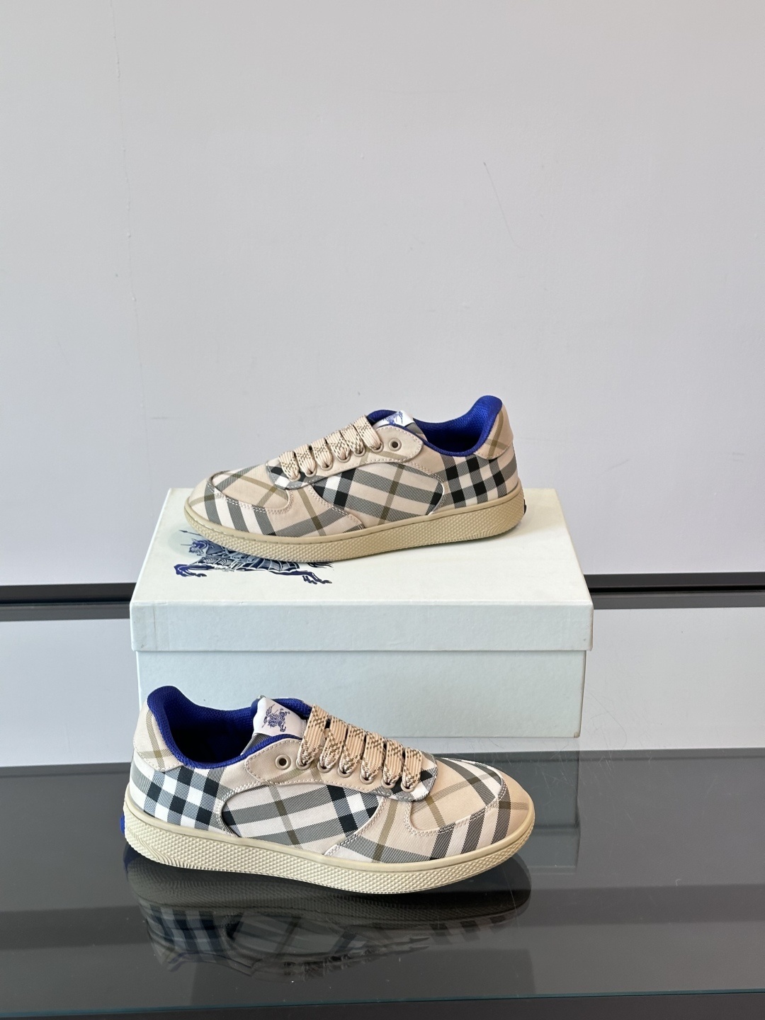 Burberry Terrace Check sneaker in sand beige canvas and leather with a blue inner lining