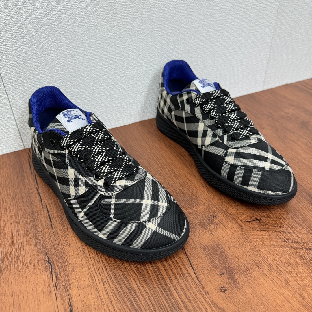 Burberry Check Terrace Sneakers in black, beige, and blue canvas with a rubber sole
