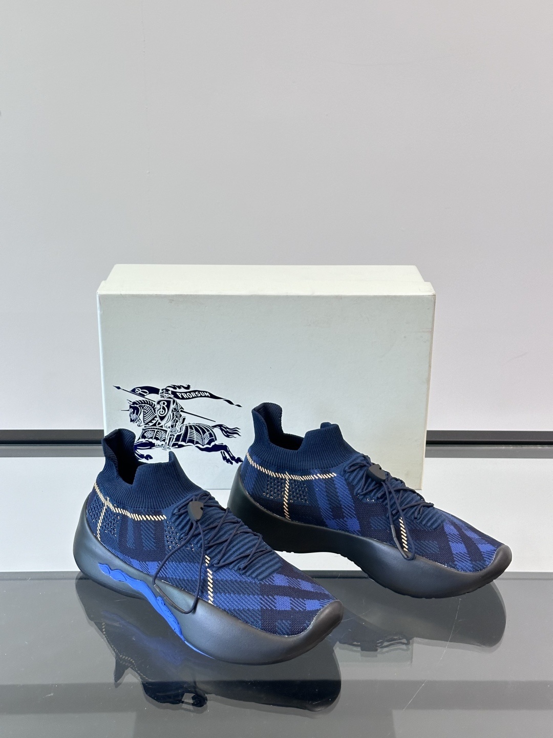 Burberry Black & Blue Check Knit Neptune Sneakers