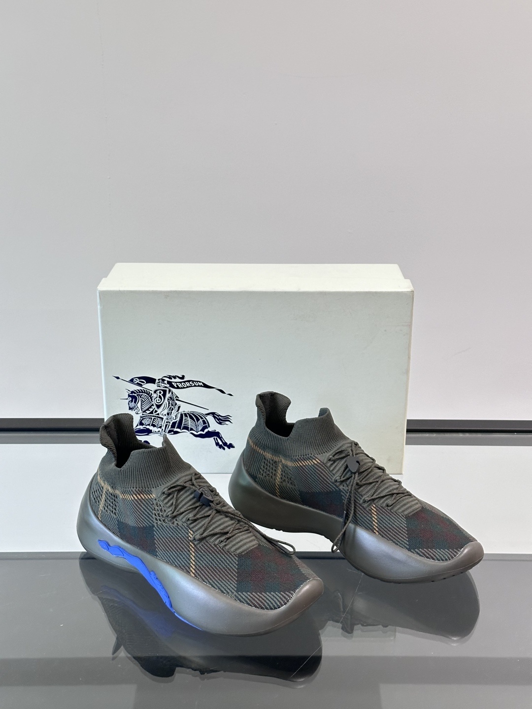 Burberry Black & Blue Check Knit Neptune Sneakers