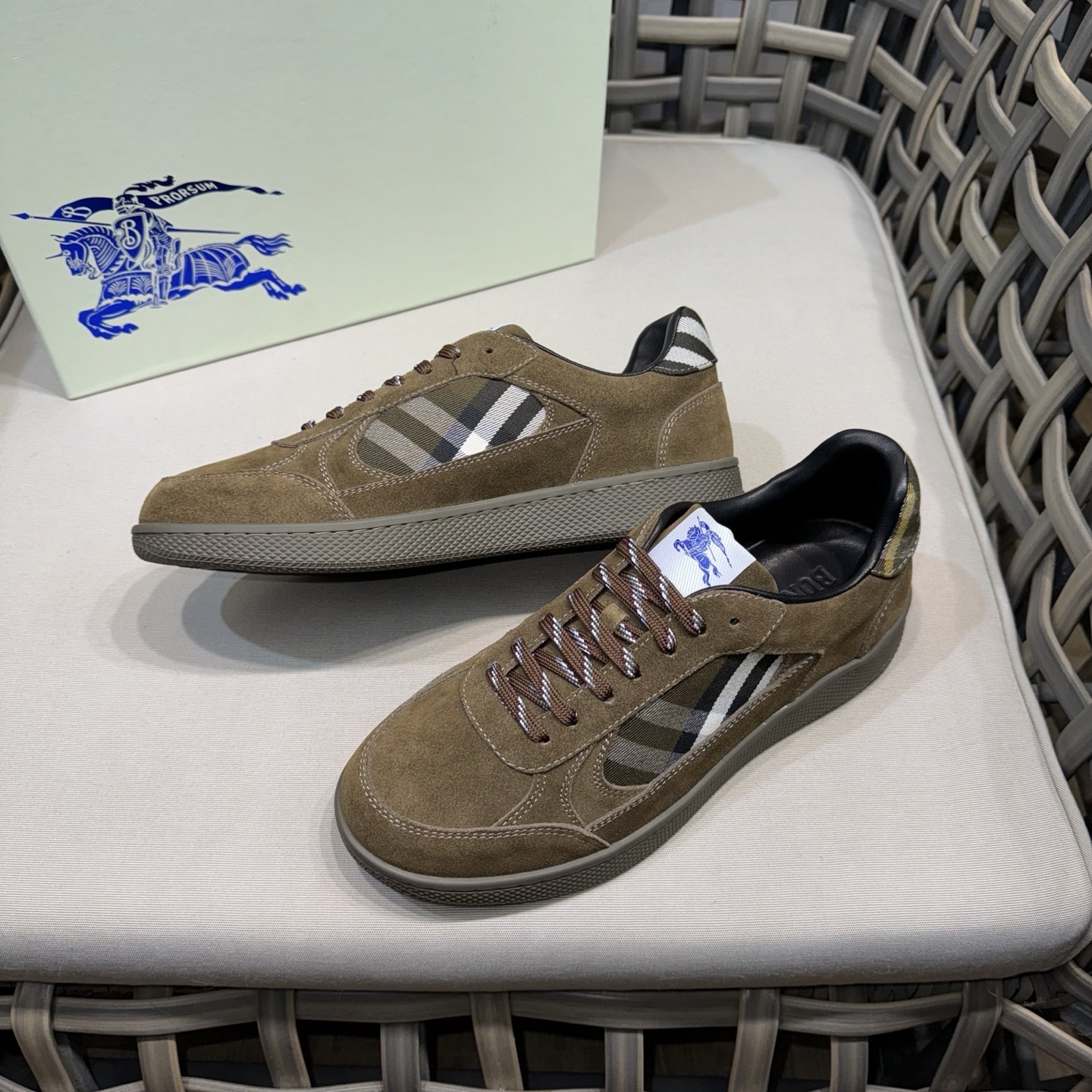 Burberry Leather and Check Terrace Sneakers in brown suede and the brand's iconic check pattern