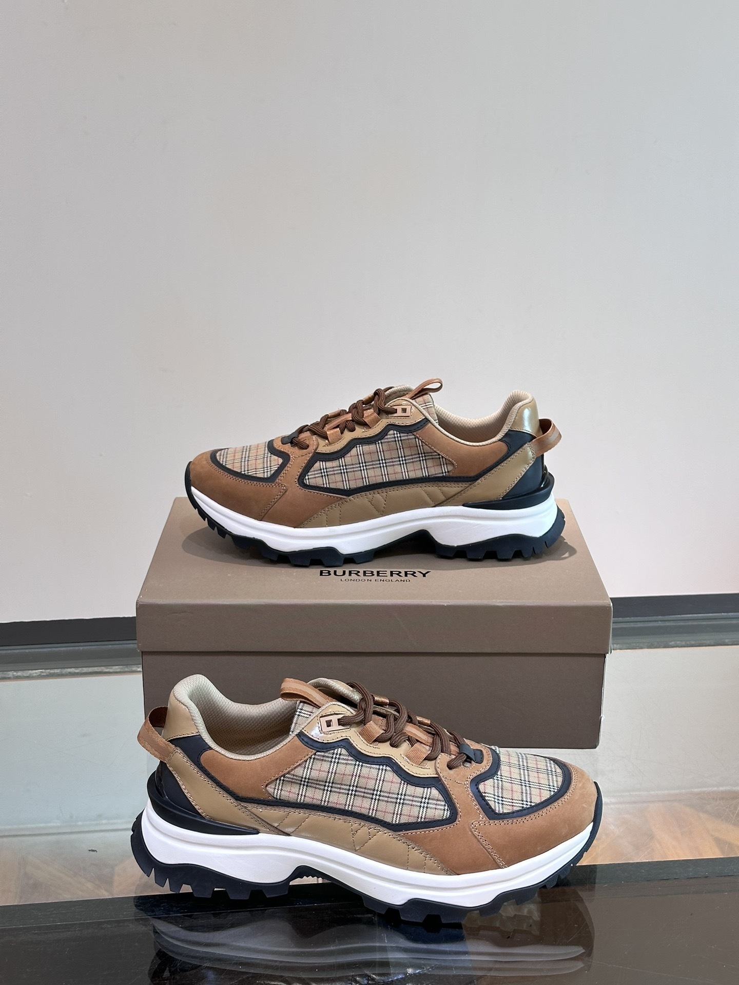 Burberry Check Sneakers in a mahogany brown colorway