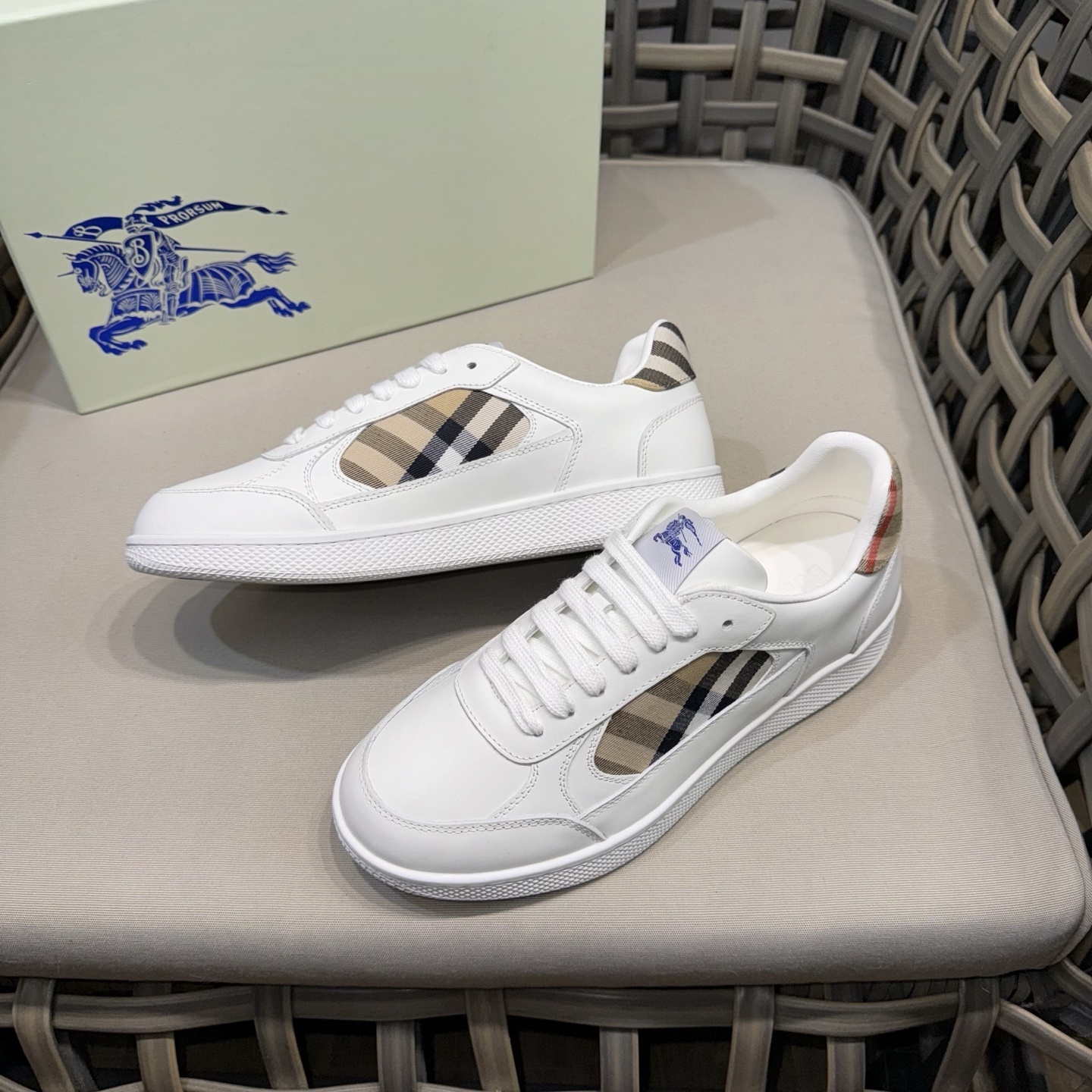 Burberry Leather and Check Terrace Sneakers in white calf leather with the signature sand check pattern