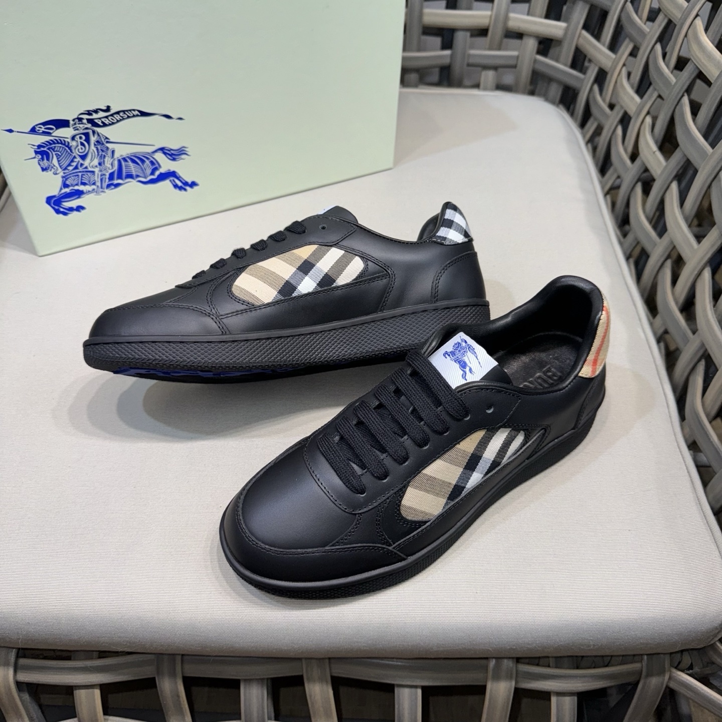 Burberry Leather and Check Terrace Sneakers in black calf leather