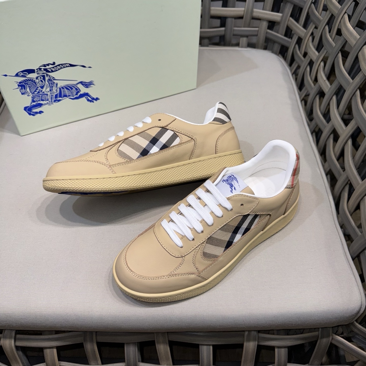 Burberry Terrace sneakers in sand-colored calf leather and a cotton blend with the signature Burberry Check pattern