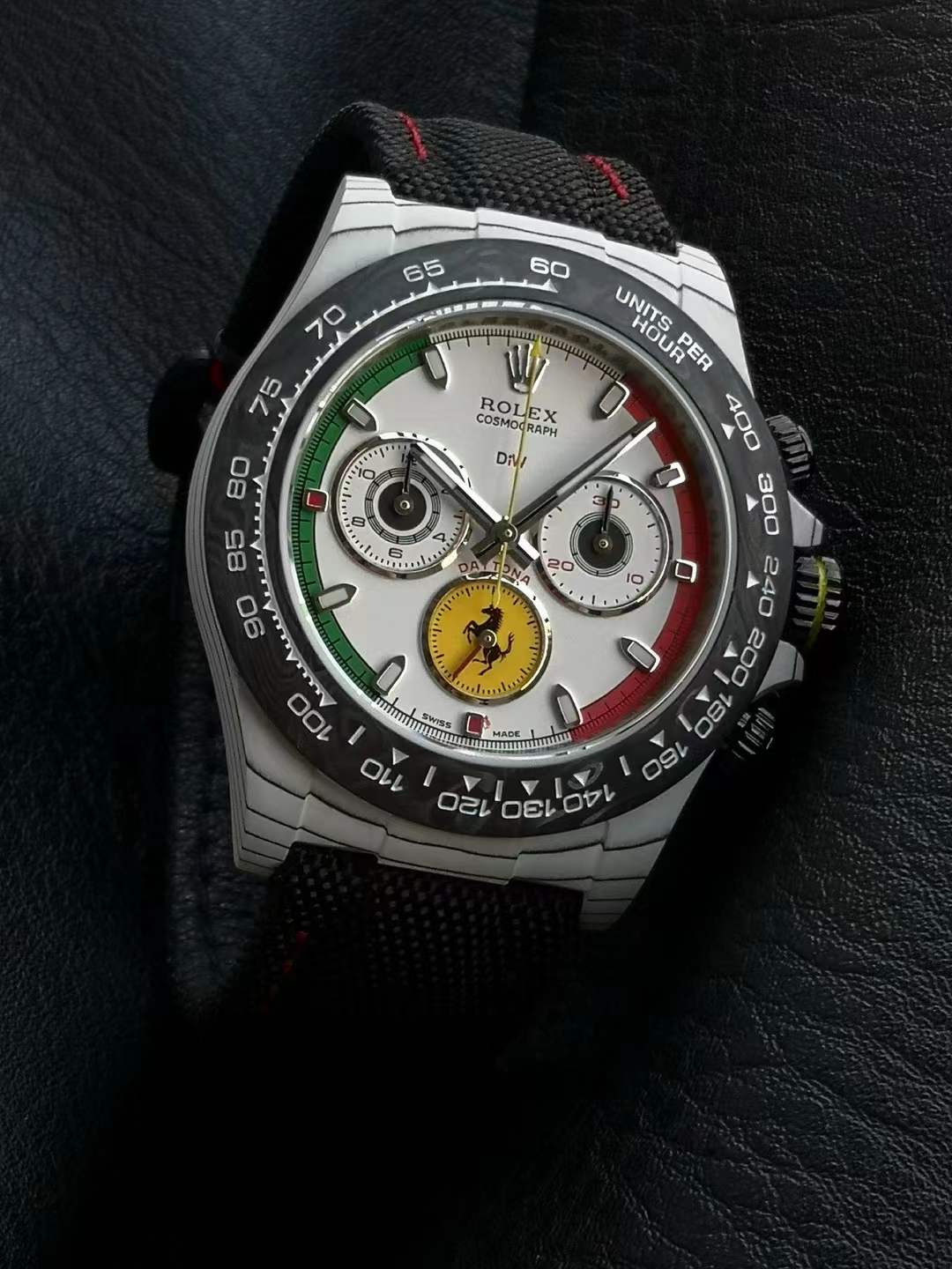 Rolex Cosmograph Daytona watch, possibly a modification by a company like Designa Individual (DiW).