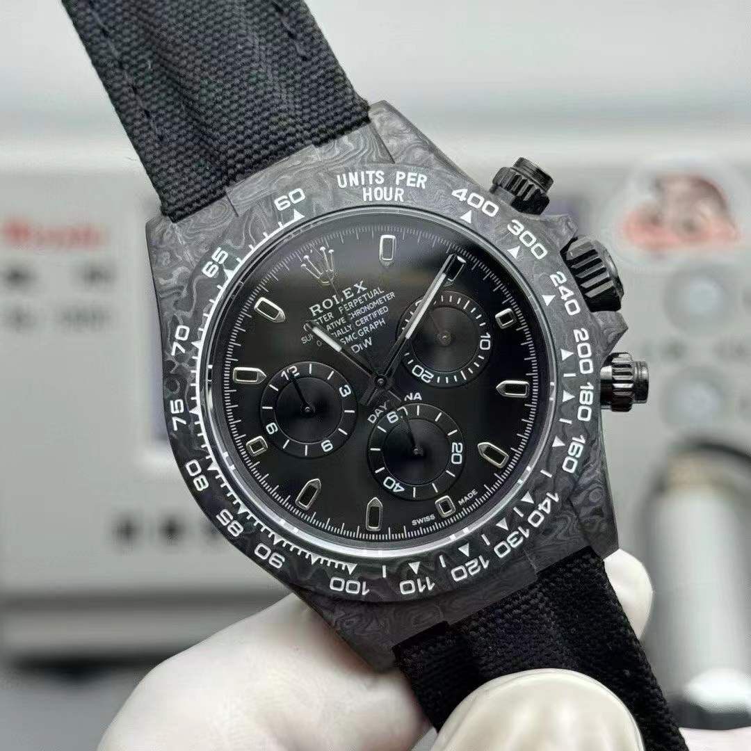 Daytona by Designa Individual Watches (DiW) in an all-black carbon fiber case and with a black nylon NATO strap