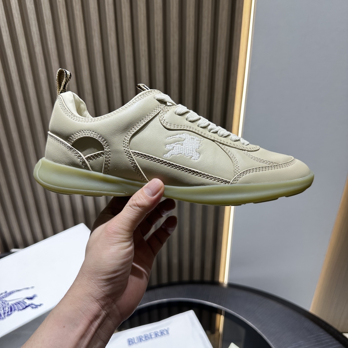 Burberry Leather Matrix sneakers in beige lambskin with an embroidered Equestrian Knight Design