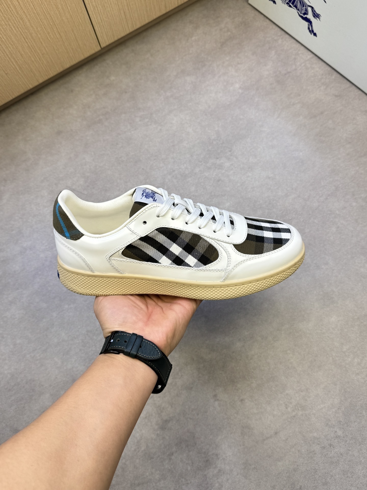 Burberry Leather and Check Terrace Sneakers in white calf leather with a signature check pattern
