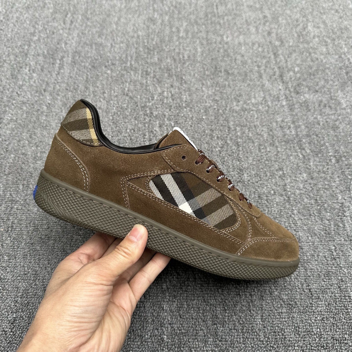 Burberry Leather and Check Terrace Sneakers in a brown suede material with the signature Archive Beige check pattern