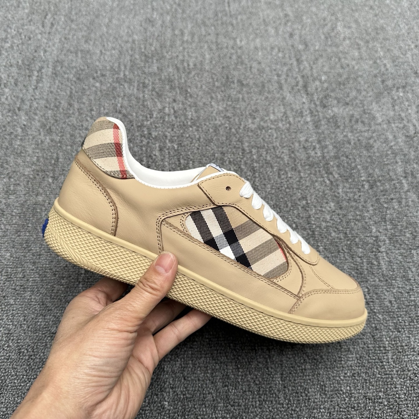 Burberry Leather and Check Terrace sneakers in the sand colorway