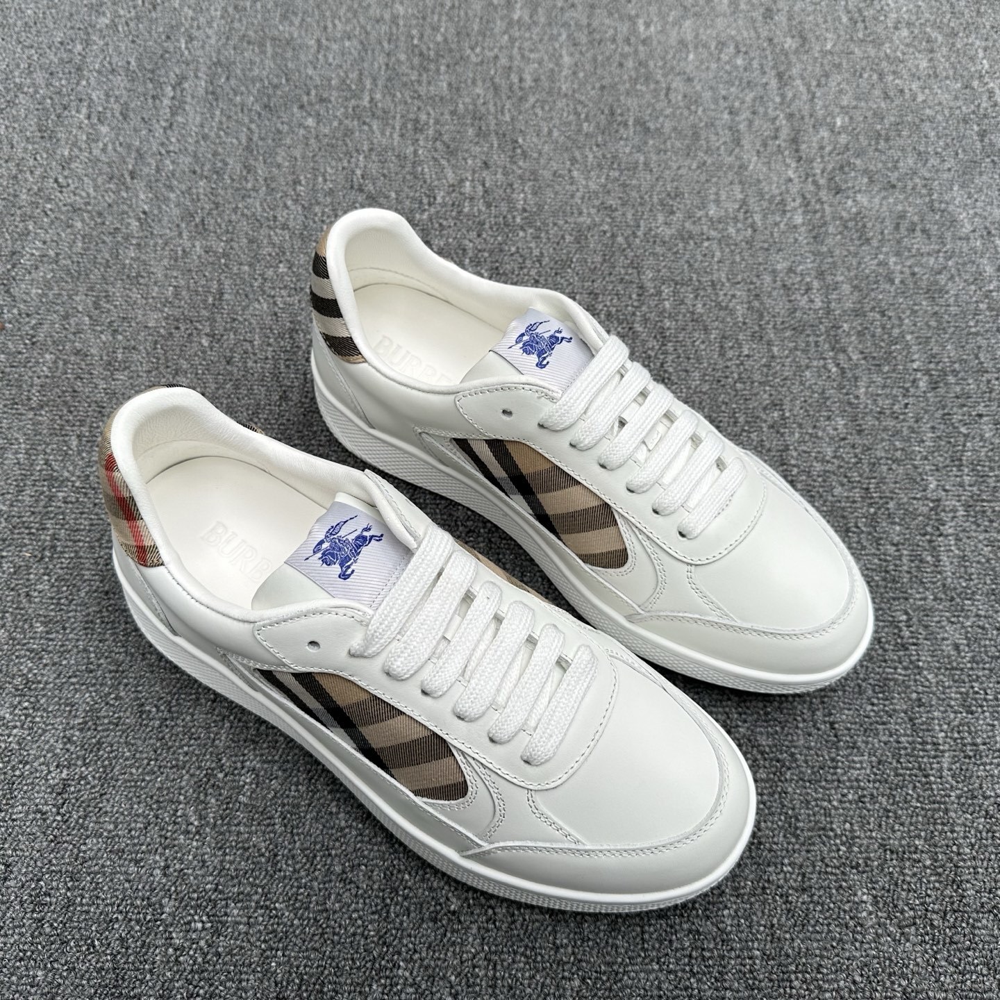 Burberry Leather and Check Terrace Sneakers in white calf leather